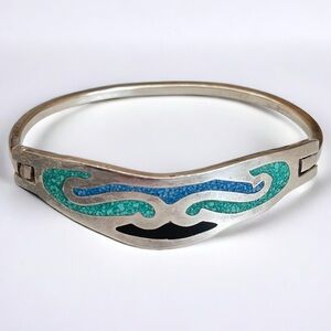 Vintage Mexico Alpaca Silver Cuff Bracelet Blue and Green Stone Chip Black Inlay